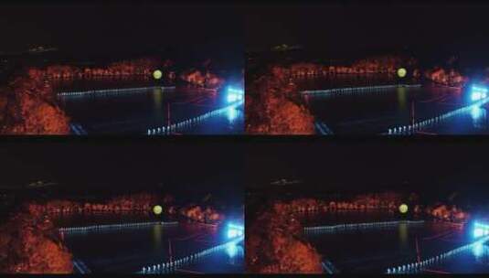 中秋节 歌舞表演 巨型月亮 水上跳舞 远景高清在线视频素材下载
