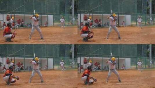 垒球运动员击球的宽镜头高清在线视频素材下载
