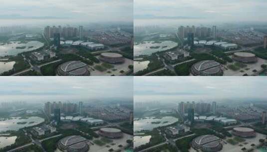 浙江义乌城市地标平流雾风光4K航拍高清在线视频素材下载