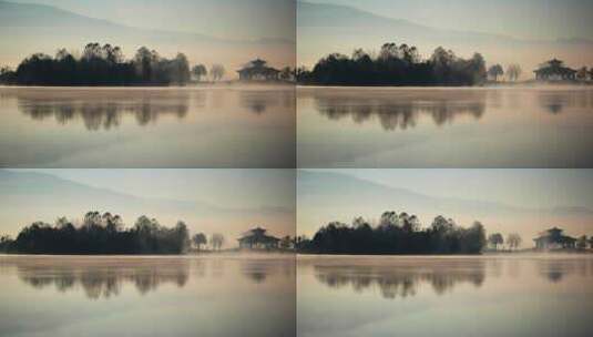 早晨云雾缭绕的湖面高清在线视频素材下载