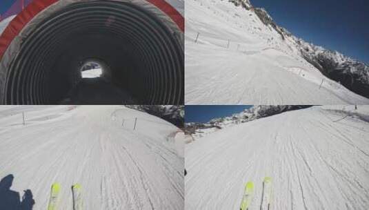 在滑雪场隧道滑雪的镜头高清在线视频素材下载