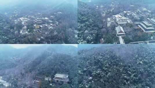 4K航拍杭州飞来峰灵隐寺冬天唯美雪景高清在线视频素材下载