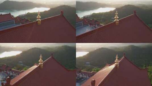 珠海金台寺佛教寺庙夕阳水库航拍高清在线视频素材下载