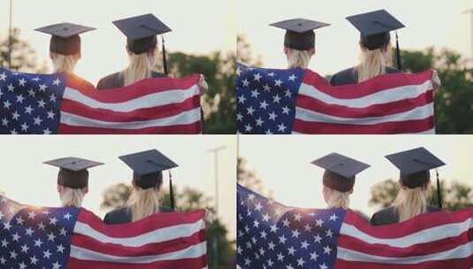 两名身着美国国旗礼服和帽子的大学毕业生高清在线视频素材下载