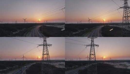 夕阳下高压电线电塔高清在线视频素材下载