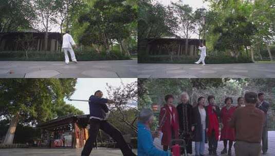 公园老年文化活动合集锻炼太极广场舞高清在线视频素材下载