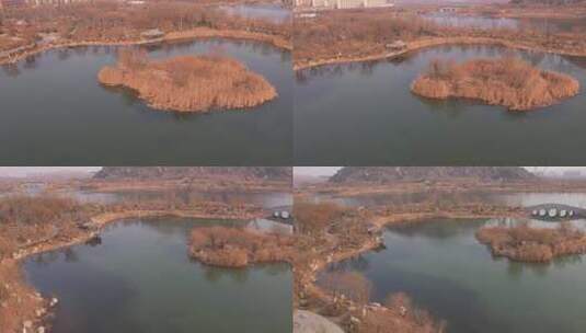 山东济南华山湖湿地公园秋冬景观航拍高清在线视频素材下载