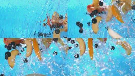 水中的水果蓝莓柠檬橙子掉入水中慢镜头高清在线视频素材下载