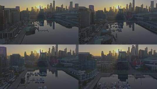 城市航拍墨尔本摩天大楼日出城市天际线日出高清在线视频素材下载