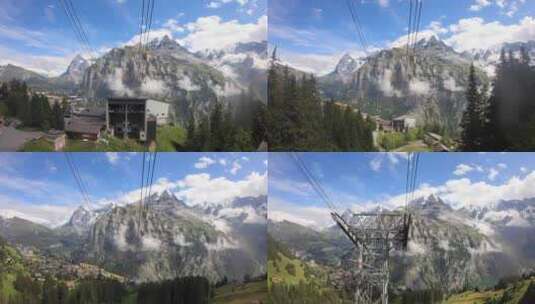 缆车之旅：在瑞士阿尔卑斯山攀登，欣赏阿尔卑斯山、落基山脉、冷杉树的风景高清在线视频素材下载
