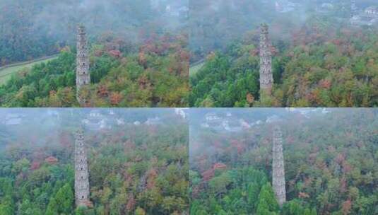 航拍天台山国清寺千年隋塔视频高清在线视频素材下载