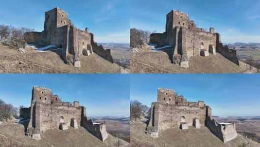 斯洛伐克卡普萨尼村城堡的鸟瞰图高清在线视频素材下载