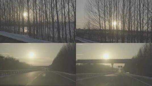 冬天黄昏落日和路边的整齐的小树高清在线视频素材下载