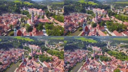 Cesky Krumlov，南波西米亚地区小城市的鸟瞰图高清在线视频素材下载