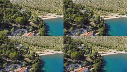 希腊阿吉亚索非亚海滩，植被茂盛，绿松石色的水——无人机拍摄高清在线视频素材下载