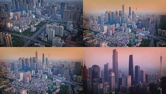 航拍夕阳下的广州天河珠江新城高清在线视频素材下载
