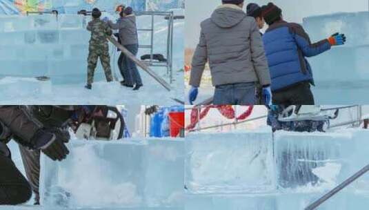 冰块冰雕冰屋砌筑搭建工人高清在线视频素材下载