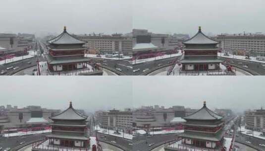 中国陕西省西安市正在下雪的西安钟楼雪景高清在线视频素材下载