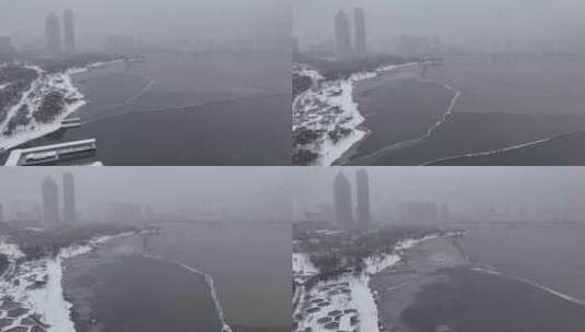 武汉沙湖公园大雪航拍高清在线视频素材下载