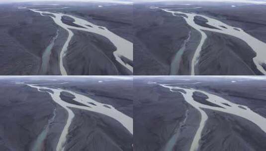 从上方俯瞰冰河分支，冰岛冰川河床和冰槽高清在线视频素材下载