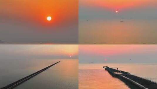 孤东海堤海上日出高清在线视频素材下载