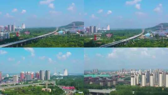 航拍枣庄高速高铁入口的蓝天白云森林城市高清在线视频素材下载