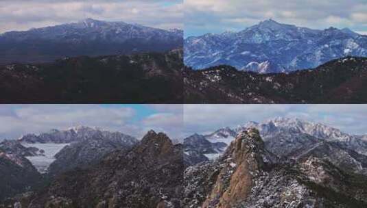 航拍山东省文登区界石镇昆嵛山冬季山野雪景高清在线视频素材下载