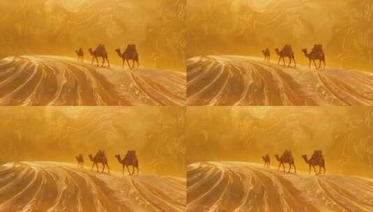 一带一路骆驼商队行走在沙漠状的丝绸布上高清在线视频素材下载