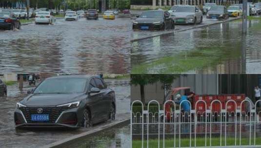 暴雨街道马路积水汪水车辆涉水高清在线视频素材下载