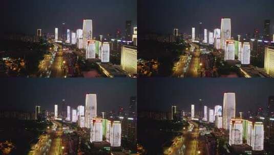 山东省济南市经十路济南奥体中心夜景航拍4k高清在线视频素材下载