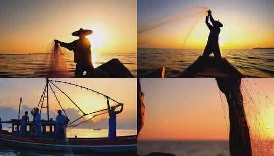 渔民海上夕阳下撒网捕鱼高清在线视频素材下载