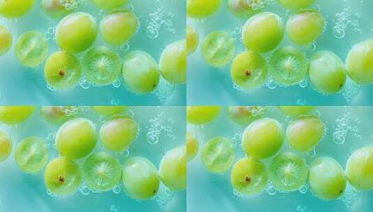 水中漂浮的新鲜绿葡萄高清在线视频素材下载