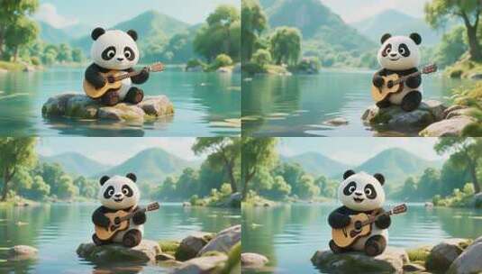 3D熊猫水边弹吉他场景高清在线视频素材下载