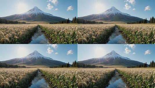 麦田雪山自然风光全景高清在线视频素材下载