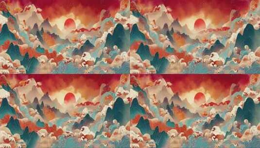 古风山水云海红日背景素材高清在线视频素材下载