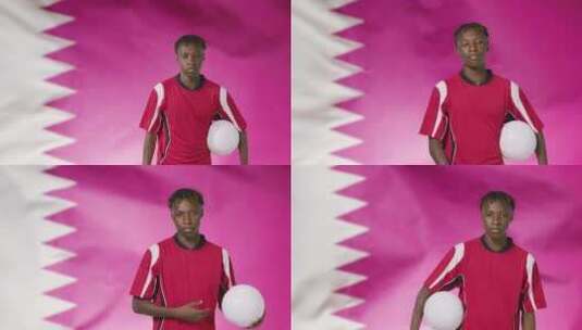 卡塔尔国旗前足球运动员高清在线视频素材下载