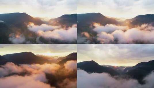 4K航拍清晨云雾缭绕大山日出风景2高清在线视频素材下载