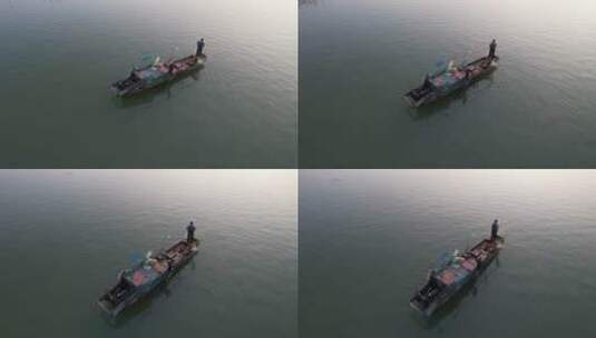 航拍江面上的小船高清在线视频素材下载