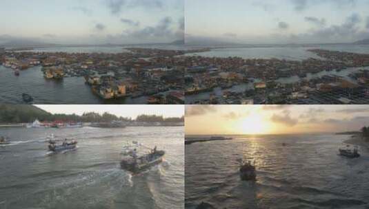 渔港人家 迎着朝霞捕鱼出征高清在线视频素材下载