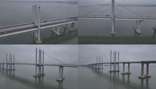 大雾天胶州湾大桥航拍高清在线视频素材下载