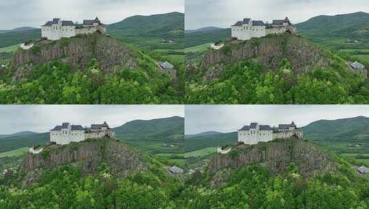 匈牙利弗泽尔山顶上中世纪城堡的鸟瞰图高清在线视频素材下载