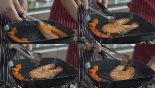 煎鱼排鱼肉美食特写高清在线视频素材下载
