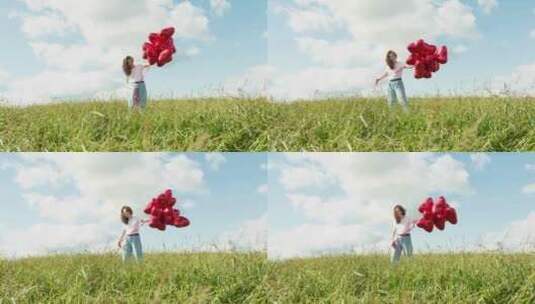 女人在草地上手拿红色爱心气球 唯美浪漫高清在线视频素材下载
