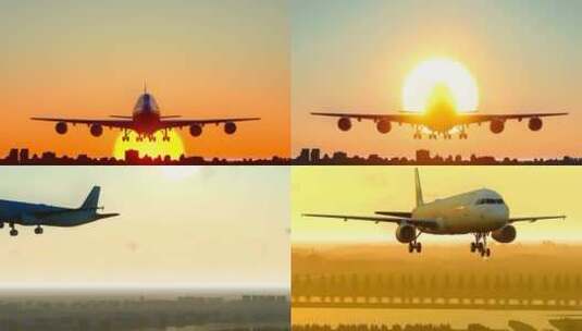 夕阳下的机场起飞的飞机高清在线视频素材下载