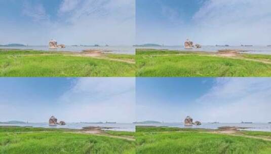 鄱阳湖蛤蟆石水域船舶航运延时摄影视频高清在线视频素材下载