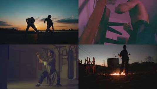 【合集】男人在练习武术打木桩剪影高清在线视频素材下载