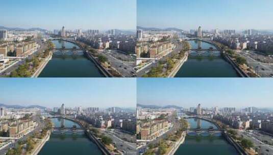 临安著名的银月廊桥和现代城市风光高清在线视频素材下载