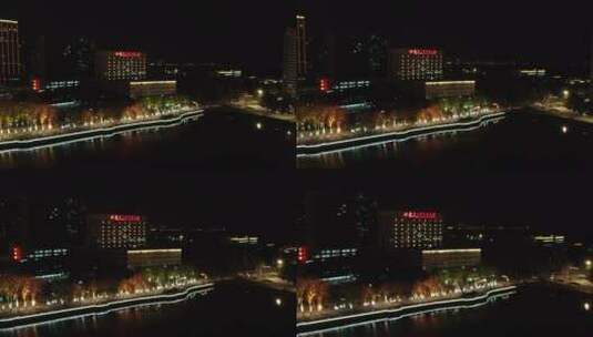 武汉疫情封城 航拍汉江路江边商业区夜景推高清在线视频素材下载