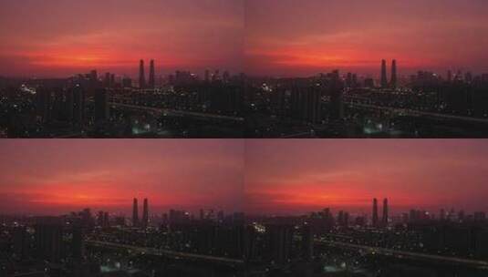 航拍杭州城市上空的日落黄昏高清在线视频素材下载