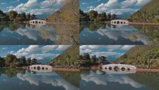 云南旅游丽江黑龙潭公园五孔石拱桥远景高清在线视频素材下载